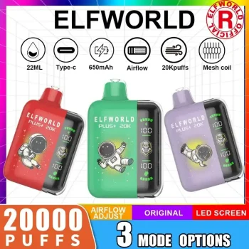 Elfworld PLUS 20000 Puffs nicotine strengths: 0%, 2%, 3%, and 5% LCD Screen Display 22ml e-liquid capacity Display Disposable Vape