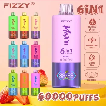 Fizzy Max III 6in1 60K (60000) Puffs LCD Display 60ml E-liquid 850 mAh Battery 2% 5% Nicotine 10 Flavors Disposable Vape