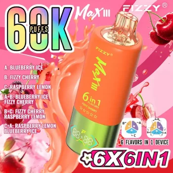 Fizzy Max III 6in1 60K (60000) Puffs LCD Display 60ml E-liquid 850 mAh Battery 2% 5% Nicotine 10 Flavors Disposable Vape