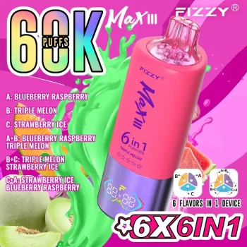 Fizzy Max III 6in1 60K (60000) Puffs LCD Display 60ml E-liquid 850 mAh Battery 2% 5% Nicotine 10 Flavors Disposable Vape