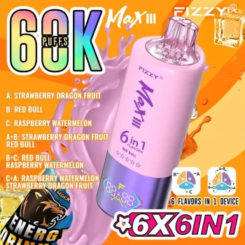 Fizzy Max III 6in1 60K (60000) Puffs LCD Display 60ml E-liquid 850 mAh Battery 2% 5% Nicotine 10 Flavors Disposable Vape