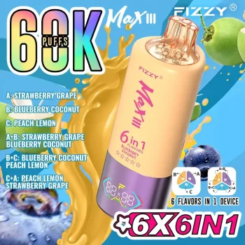 Fizzy Max III 6in1 60K (60000) Puffs LCD Display 60ml E-liquid 850 mAh Battery 2% 5% Nicotine 10 Flavors Disposable Vape