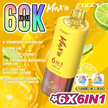 Fizzy Max III 6in1 60K (60000) Puffs LCD Display 60ml E-liquid 850 mAh Battery 2% 5% Nicotine 10 Flavors Disposable Vape