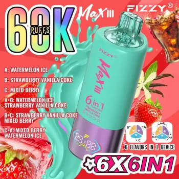 Fizzy Max III 6in1 60K (60000) Puffs LCD Display 60ml E-liquid 850 mAh Battery 2% 5% Nicotine 10 Flavors Disposable Vape