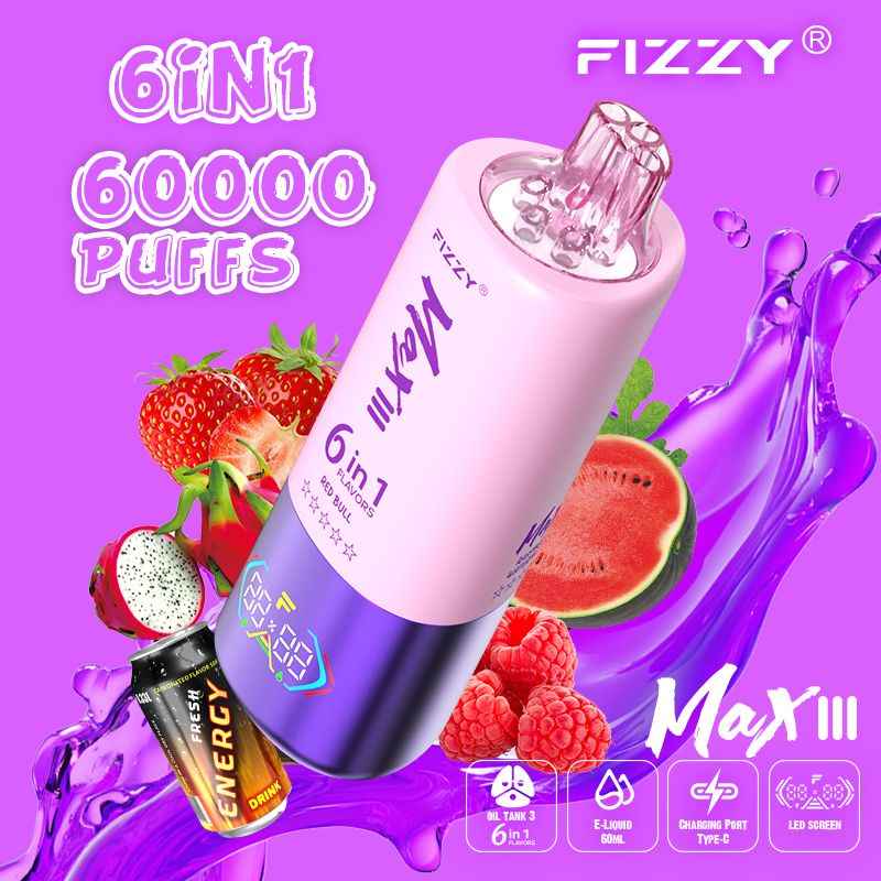 24hvape.net Fizzy Max III 6in1 60K 60000 Puffs Rechargeable Disposable Vape – Strawberry Dragon Fruit & Red Bull & Raspberry Watermelon – 10pcs